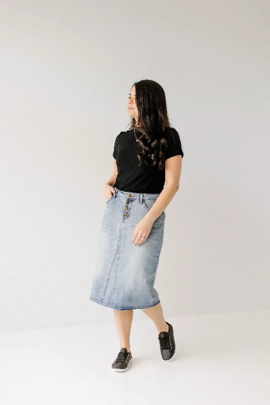 'Haven' Knee Length Denim Skirt in Light Wash FINAL SALE