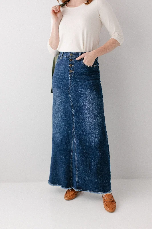 'Haven' Long Stretch Denim Skirt in Dark Wash