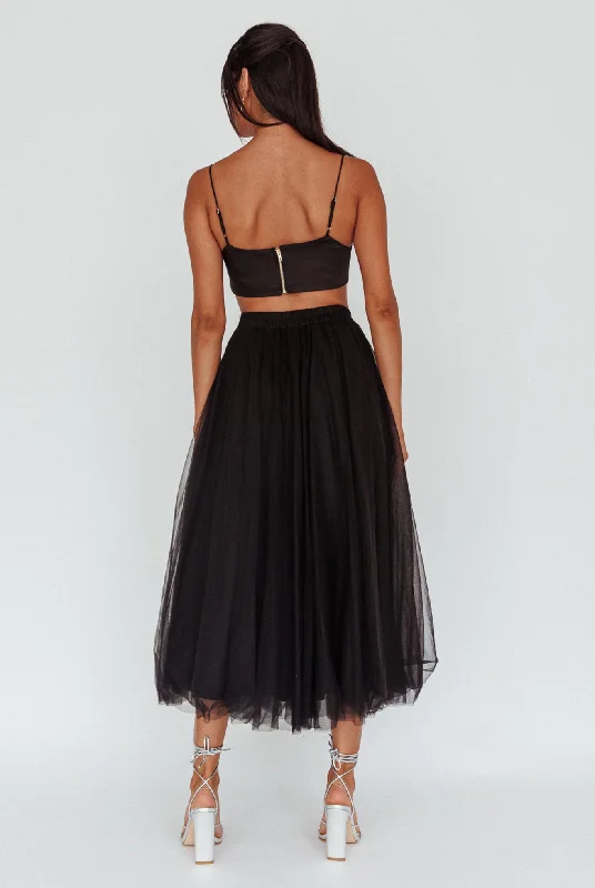 Jasmine Organza Mesh Elasticated Waist Midi Skirt Black