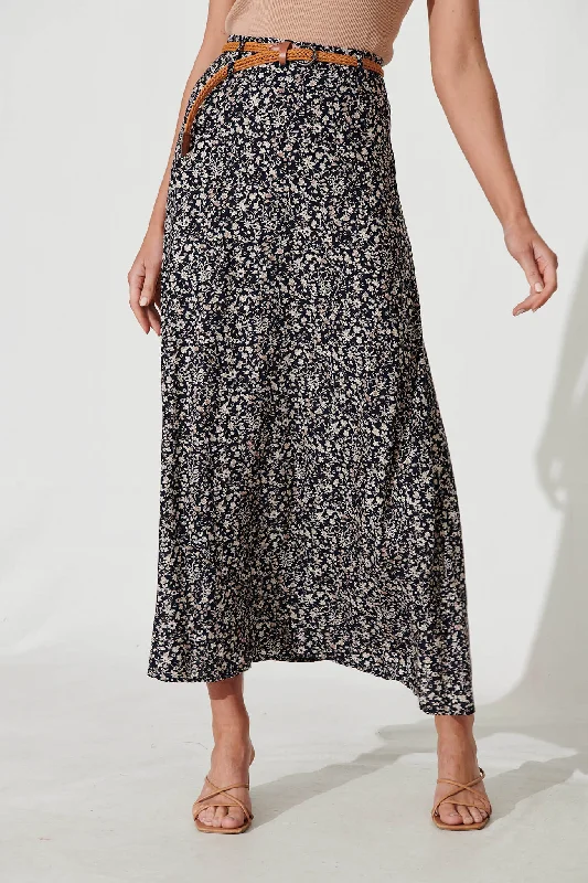 Josephine Maxi Skirt With Belt In Navy With Ditsy Floral