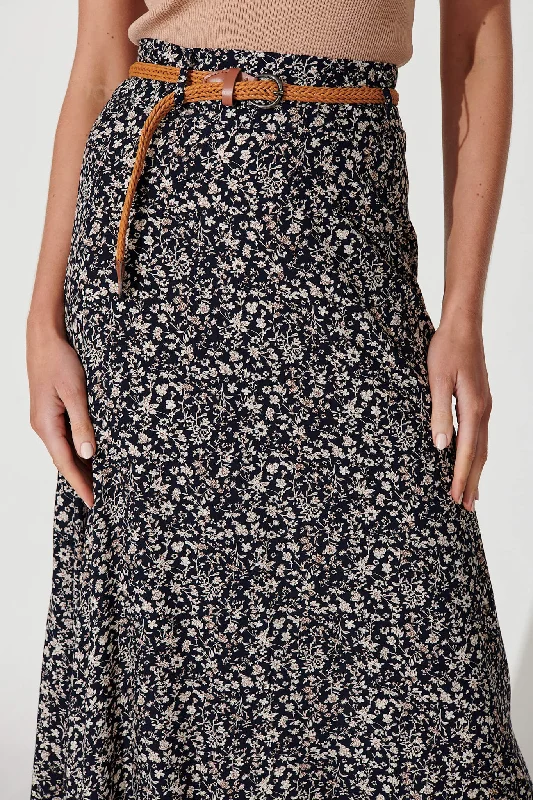 Josephine Maxi Skirt With Belt In Navy With Ditsy Floral