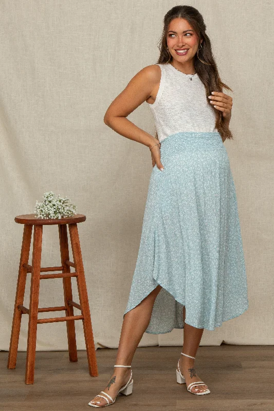 Light Blue Floral Smocked Waist Maternity Midi Skirt