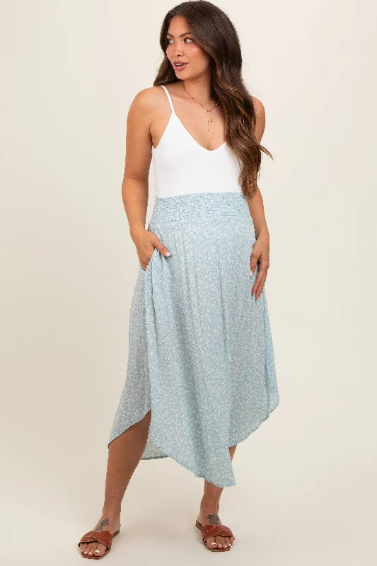 Light Blue Floral Smocked Waist Maternity Midi Skirt