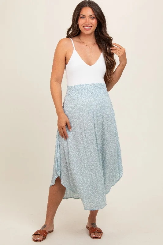 Light Blue Floral Smocked Waist Maternity Midi Skirt