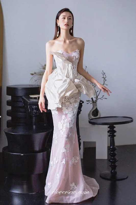 Light Pink Tulle Petal Lace Mermaid Sweetheart Strapless Wedding Dresses, CW0375