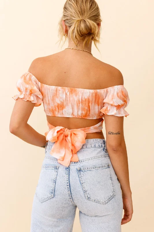 Linka Off-Shoulder Tie-Back Crop Top Tie-Dye Orange