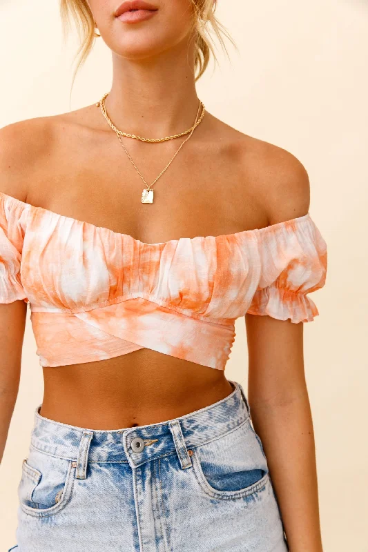 Linka Off-Shoulder Tie-Back Crop Top Tie-Dye Orange