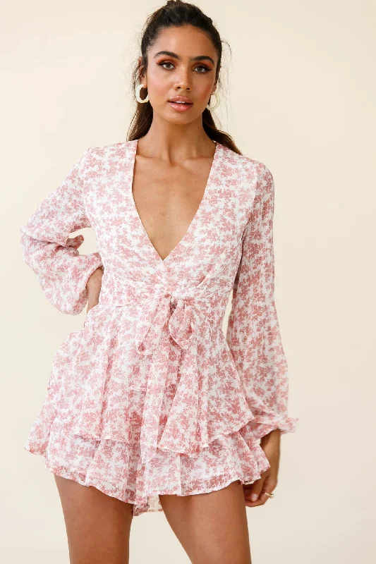 Maddox Fit & Flare Long Sleeve Romper Dainty Floral Print Pink