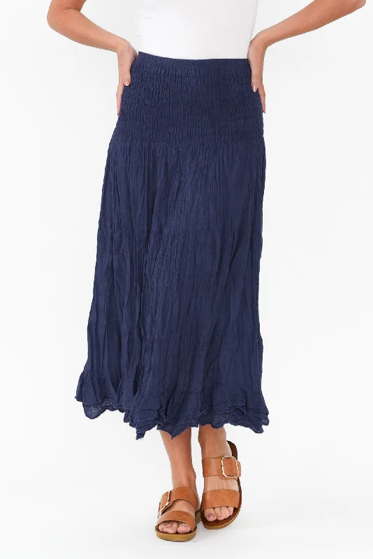 Navy Crinkle Cotton Midi Skirt