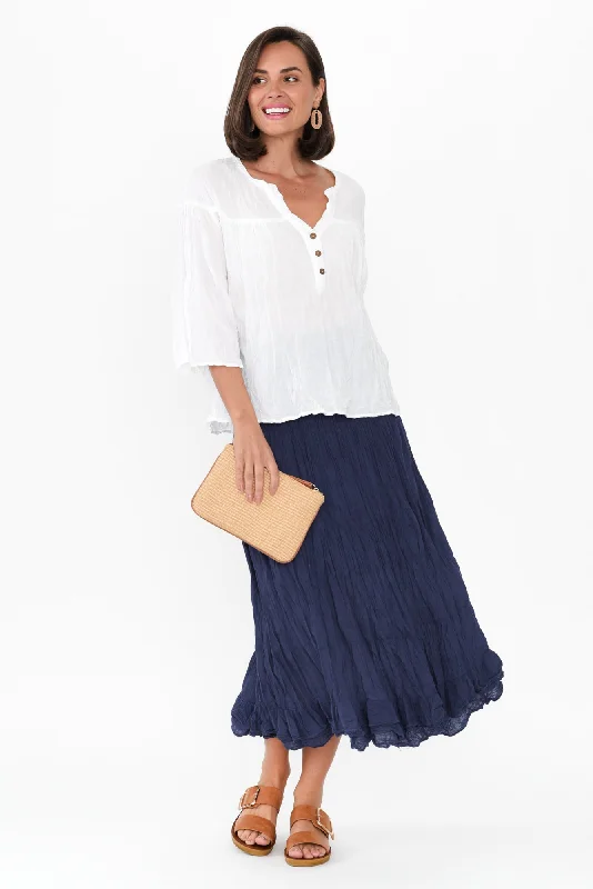 Navy Crinkle Cotton Midi Skirt