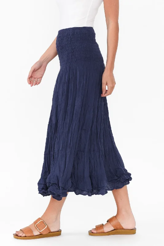 Navy Crinkle Cotton Midi Skirt