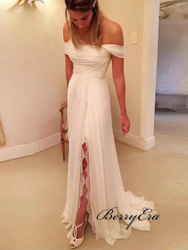 Off The Shoulder Chiffon Wedding Dresses, Slit Lace Wedding Dresses