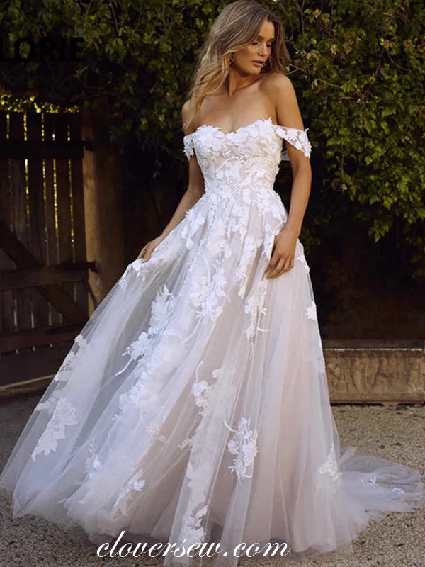 Off The Shoulder Lace Up Back Ivory Lace Wedding Dresses,CW0110