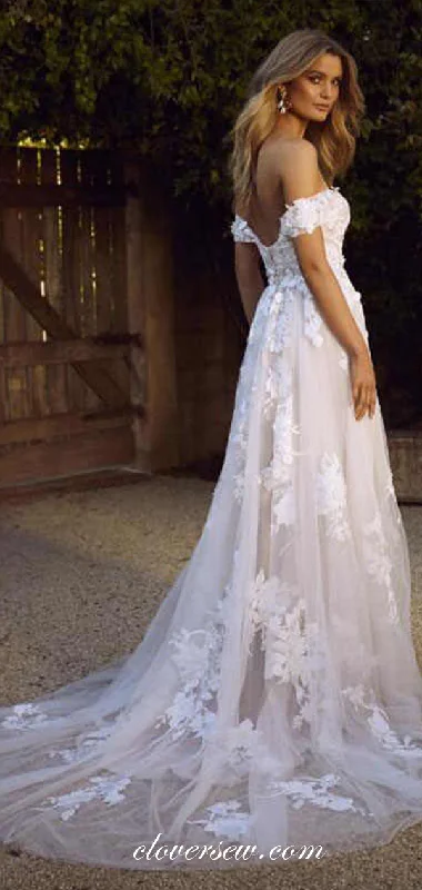 Off The Shoulder Lace Up Back Ivory Lace Wedding Dresses,CW0110