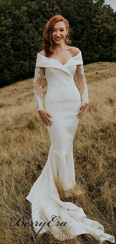 Off The Shoulder Mermaid Wedding Dresses, Long Sleeves Lace Wedding Dresses