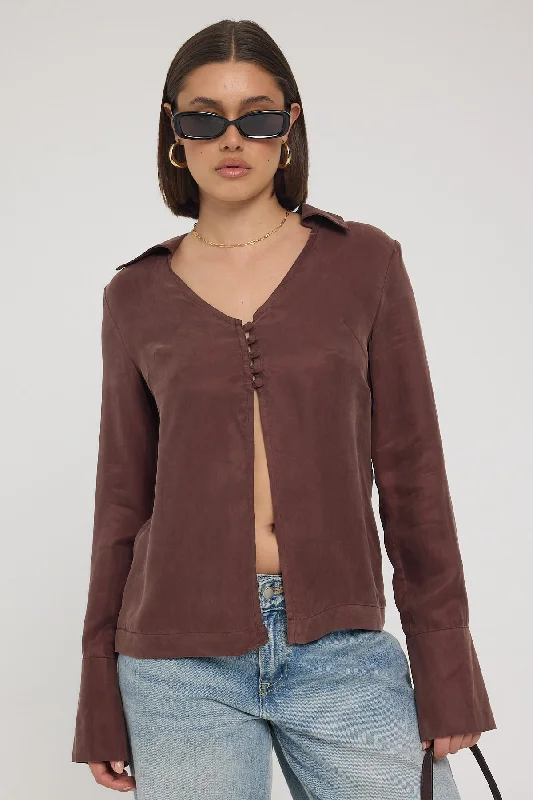 Perfect Stranger Prisca Open Front Button Up Cupro Shirt Brown