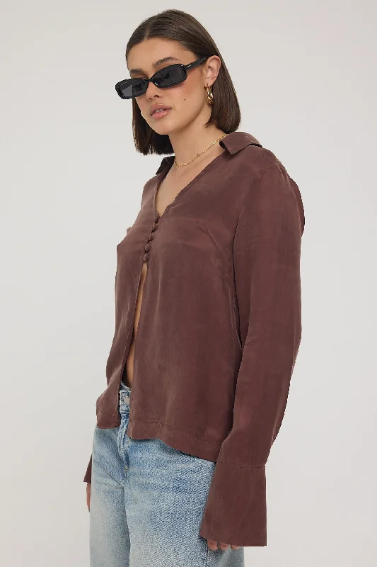 Perfect Stranger Prisca Open Front Button Up Cupro Shirt Brown