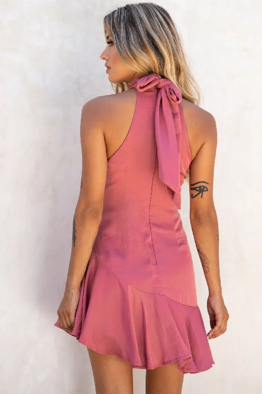 Promises Halterneck Fluted Hem Dress Rose