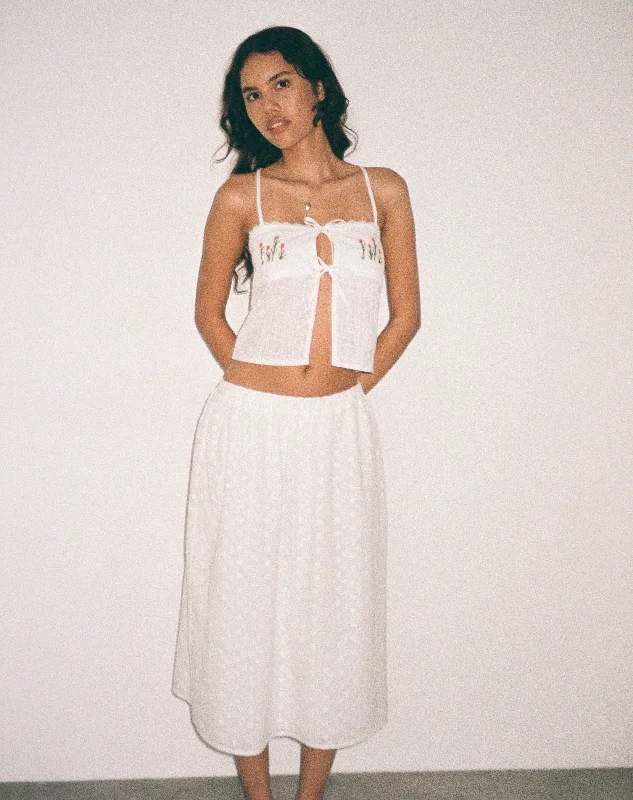 Rusma Midi Skirt in White Broderie