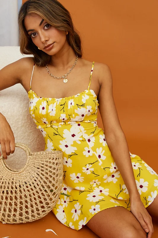 Sail Away Gathered Bust Frill Trim Summer Dress Floral Print Yellow