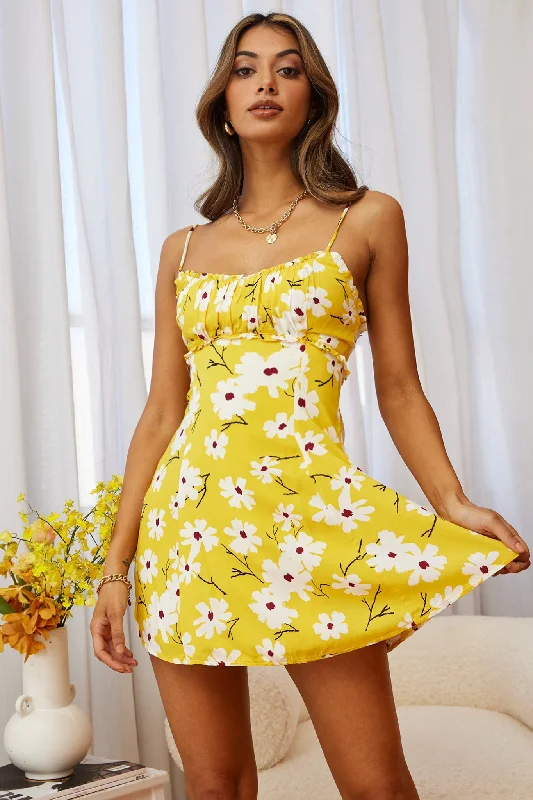 Sail Away Gathered Bust Frill Trim Summer Dress Floral Print Yellow