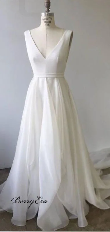 Simple Design Wedding Dresses, V-neck A-line Bridal Gowns, Cheap Wedding Dresses