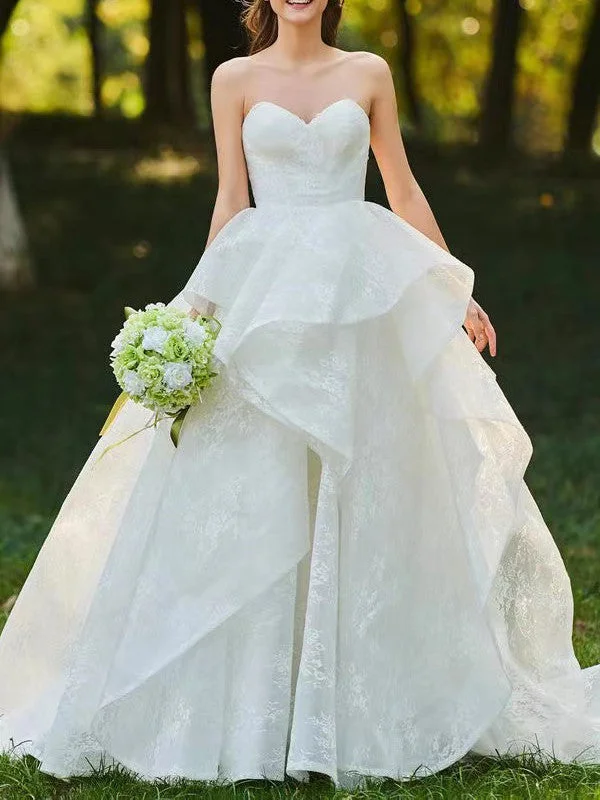 Sweetheart Strapless Wedding Gowns, Popular Lace 2022 Wedding Dresses, A-line Puffy Bridal Gowns