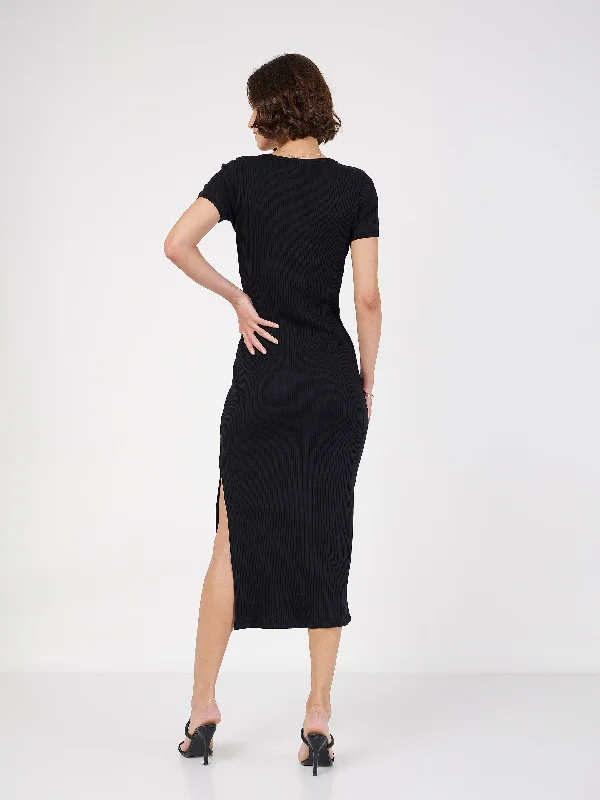 Women Black Rib V-Neck Midi Dress