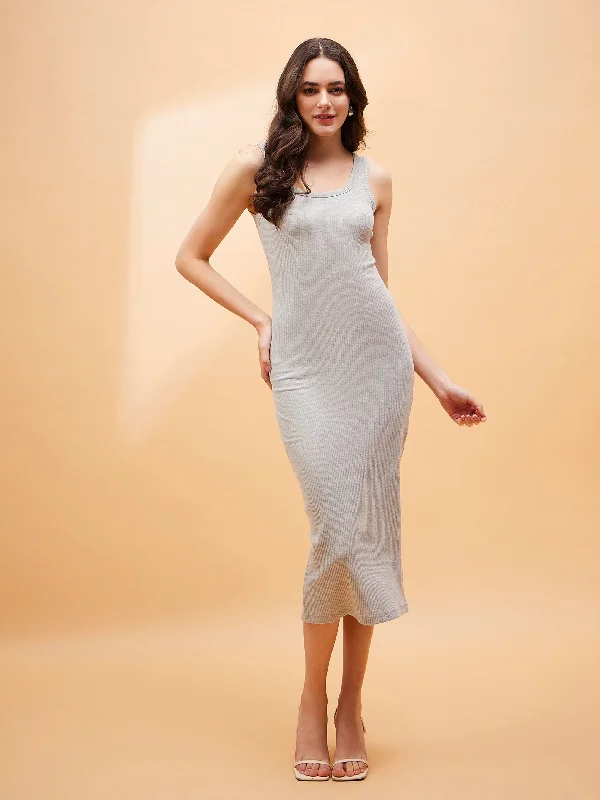 Women Grey Rib Round Neck Midi Dress