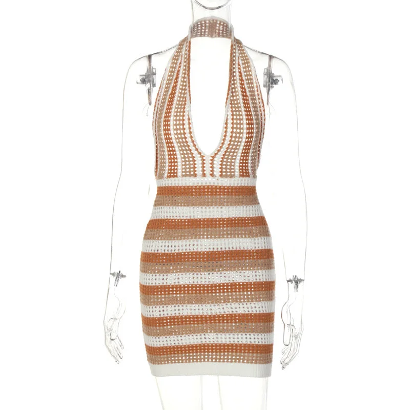 2022 summer hot new striped Halter backless dresses deep V knitted sweater dress gradient color open back beach holiday skirt