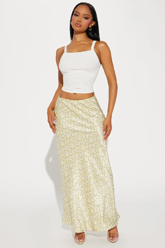 Alana Floral Satin Maxi Skirt - Sage/combo