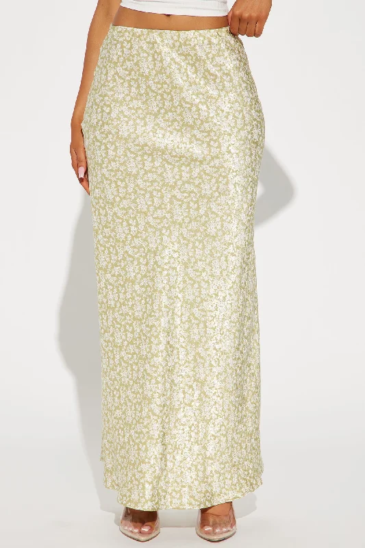 Alana Floral Satin Maxi Skirt - Sage/combo