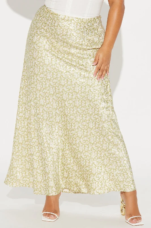 Alana Floral Satin Maxi Skirt - Sage/combo