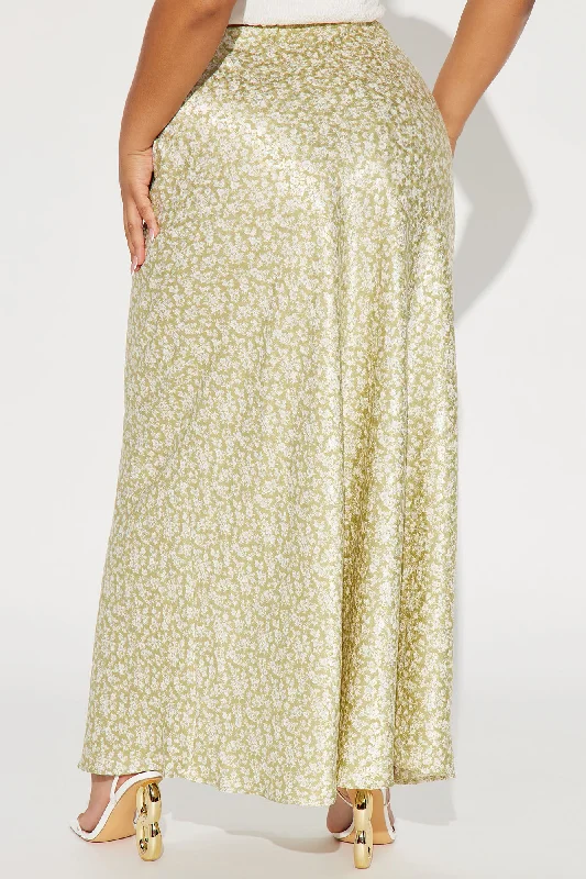 Alana Floral Satin Maxi Skirt - Sage/combo