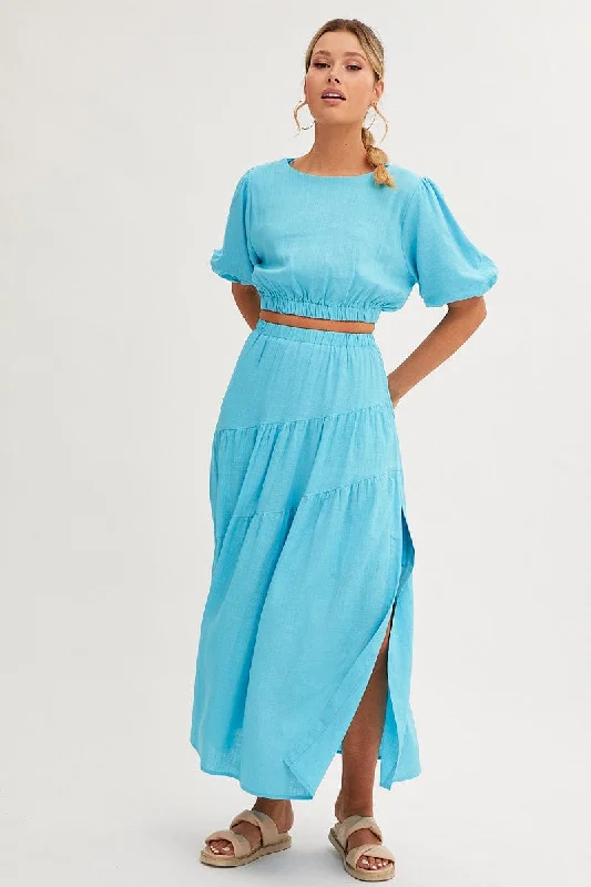 Blue Maxi Skirt Asymmetric Tier