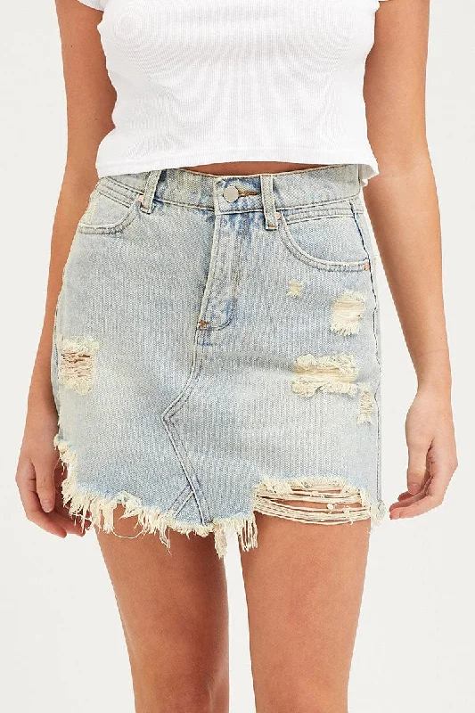 Blue Skirt Mini High Rise Distressed