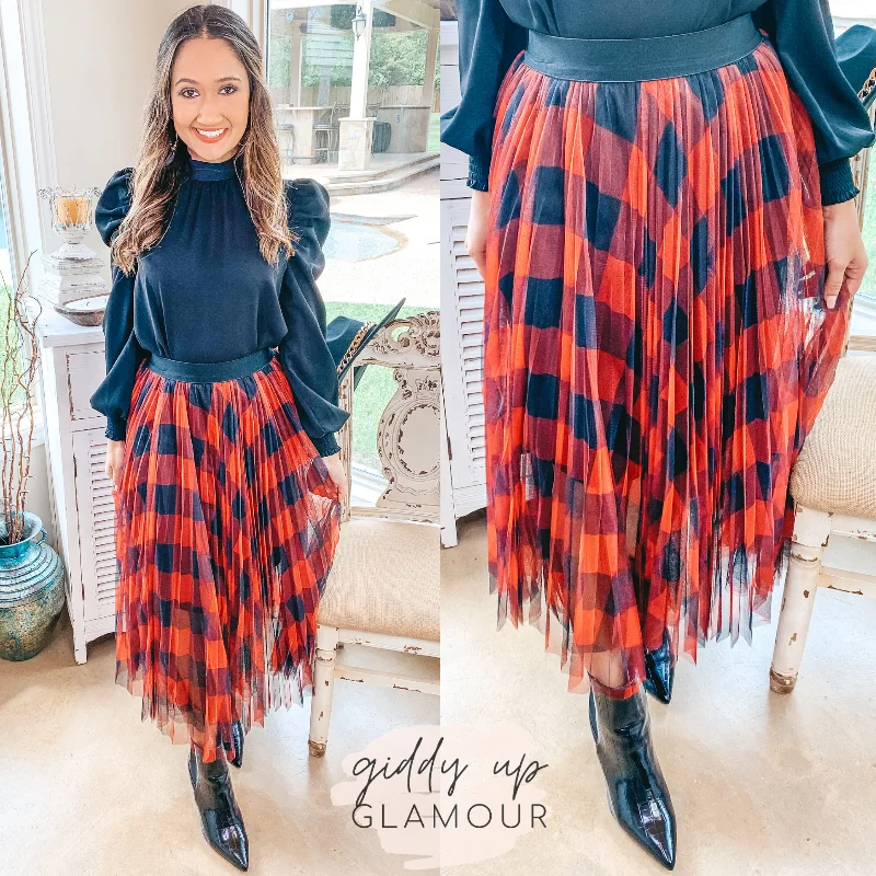 Last Chance Size Small | Seasonal Wishes Buffalo Plaid Pleated Tulle Maxi Skirt in Red and Black | ONLY 1 LEFT!