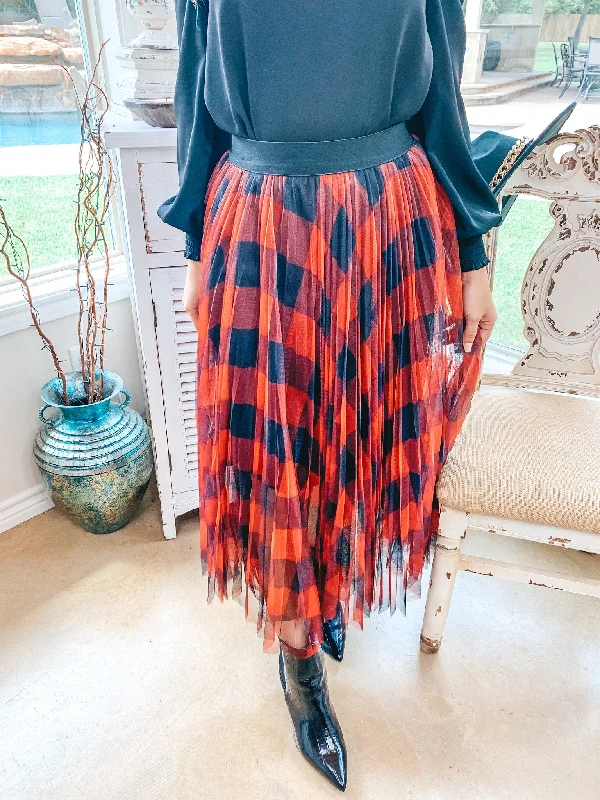 Last Chance Size Small | Seasonal Wishes Buffalo Plaid Pleated Tulle Maxi Skirt in Red and Black | ONLY 1 LEFT!