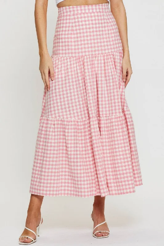 Check Elastic Waist Maxi Skirt