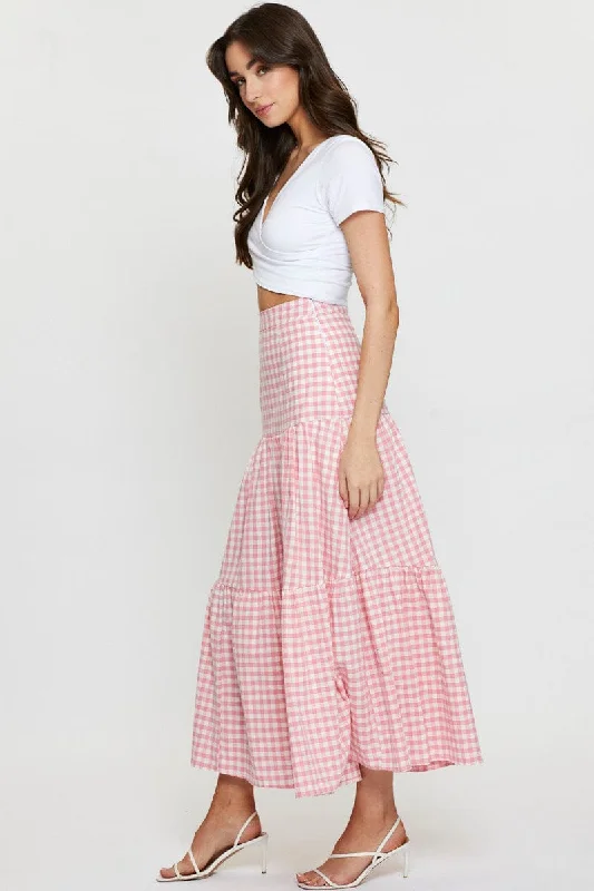 Check Elastic Waist Maxi Skirt