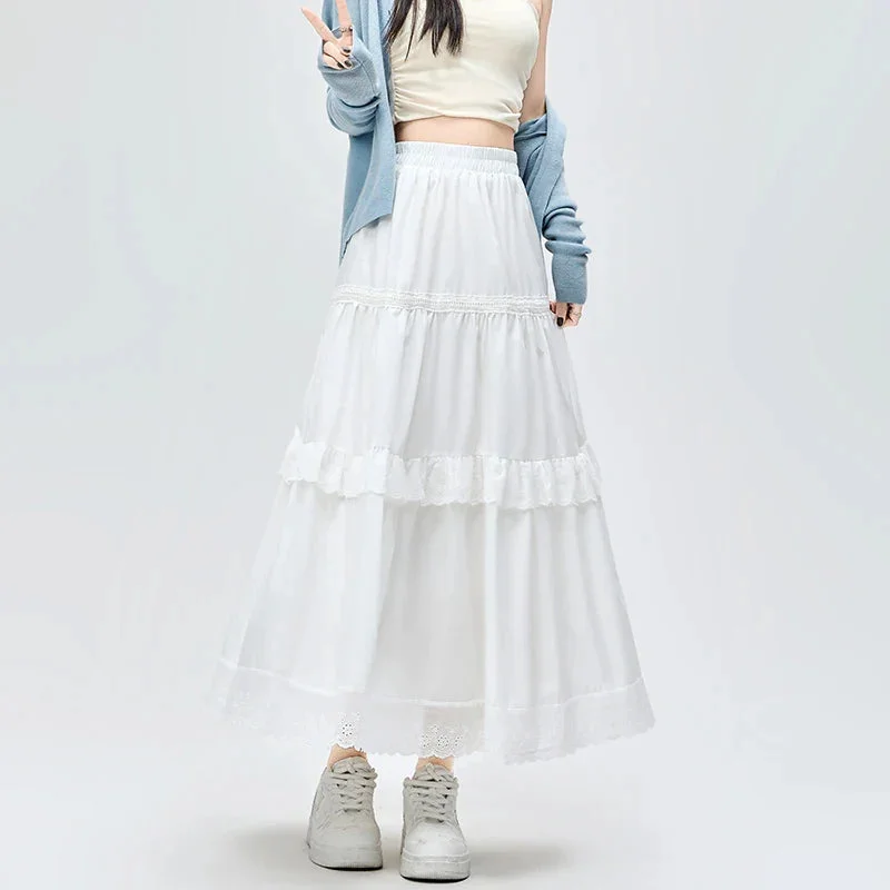 French Style Lace Stitching White Long Women Spring Summer New Fashion High Waist A-line Pleated Woman Casual Skirt