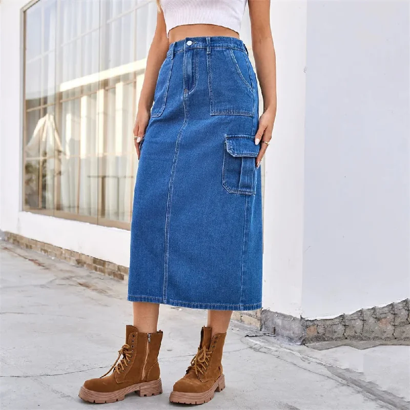 Elastic Waist Slit Washed Cargo Denim Retro Street Casual Straight Skirt