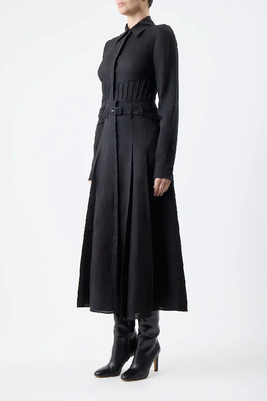 Dugald Pleated Skirt in Black Aloe Linen