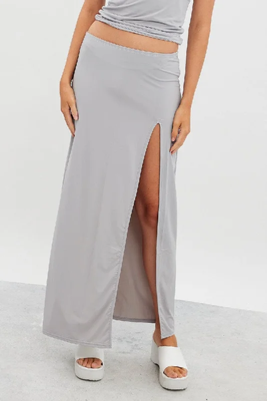 Grey Maxi Skirt Mid Rise Split Nylon