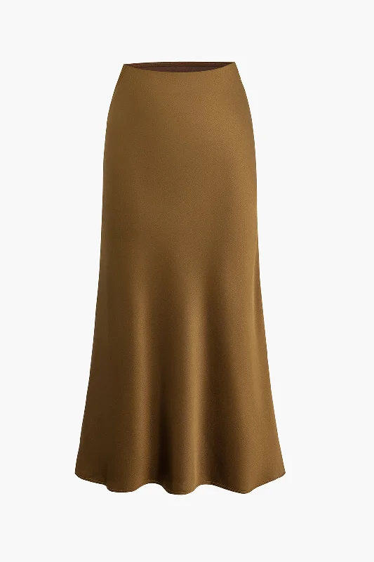 Basic Solid Satin Midi Skirt