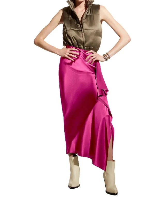 Rose Glossy Midi Skirt In Fuchsia